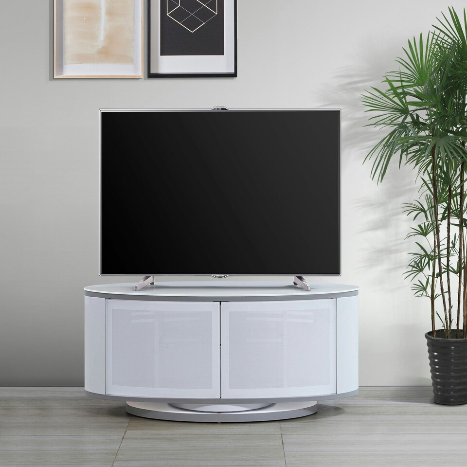 image 1 of MDA Designs LUNA Gloss White Oval Cabinet with White Profiles White BeamThru Glass Doors Suitable for Flat Screen TVs up to 50" | Multi | 1