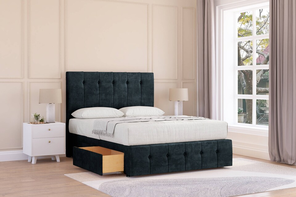 image 1 of Sloomy Cambridge Black Naples Divan Bed Base 2 Drawers Left Side With 26 Inch Strutted Headboard & 12 Inch Matching Footboard | Black | Black | Single | 1
