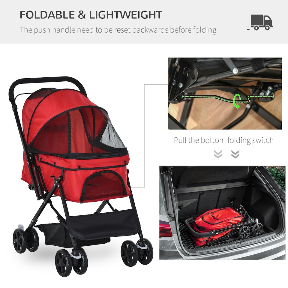 image 1 of PawHut Pet Stroller Dog Foldable Travel Carriage with Reversible Handle, Red
