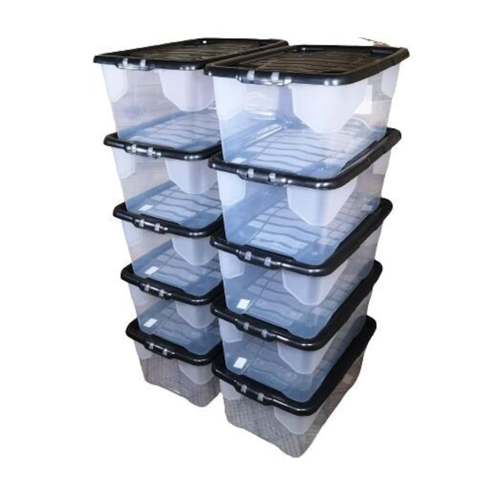 image 1 of 10 x 42L Clear Storage Box with Black Lid, Stackable and Nestable Design Storage Solution