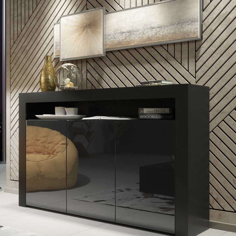 image 1 of TV Unit TV Stand Sideboard Storage Cabinet Cupboard Black High Gloss 155cm