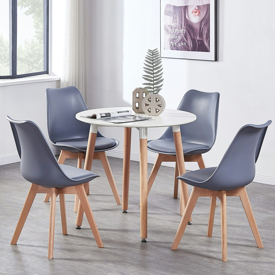 image 1 of 5PCs Dining Set - a White Round Dining Table & Set of 4 White Lorenzo Tulip chairs with Padded Seat | Grey
