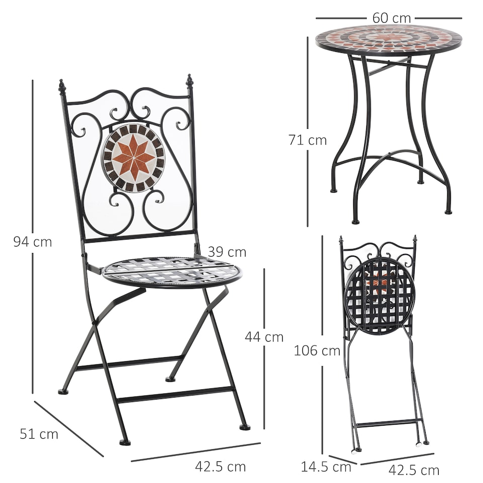 image 1 of Outsunny 3PCs Garden Set 1 Ceramic Tile Round Table and 2 Foldable Chairs