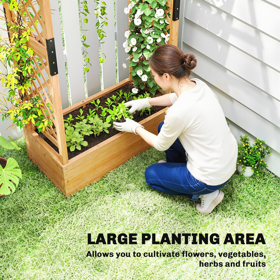 image 1 of Outsunny Raised Bed for Garden with Trellis, 110 x 44 x 181 cm, Natural | Brown