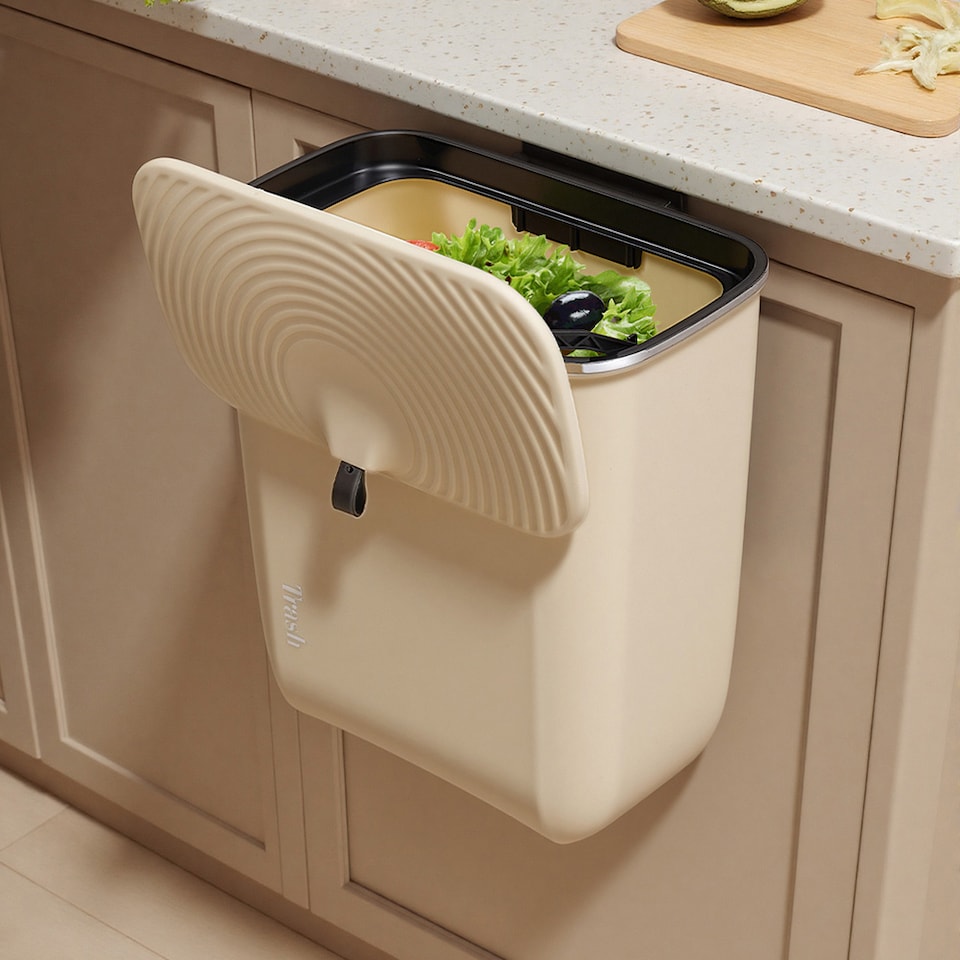image 1 of Living and Home 9L Waste Bin with Lid | Cream