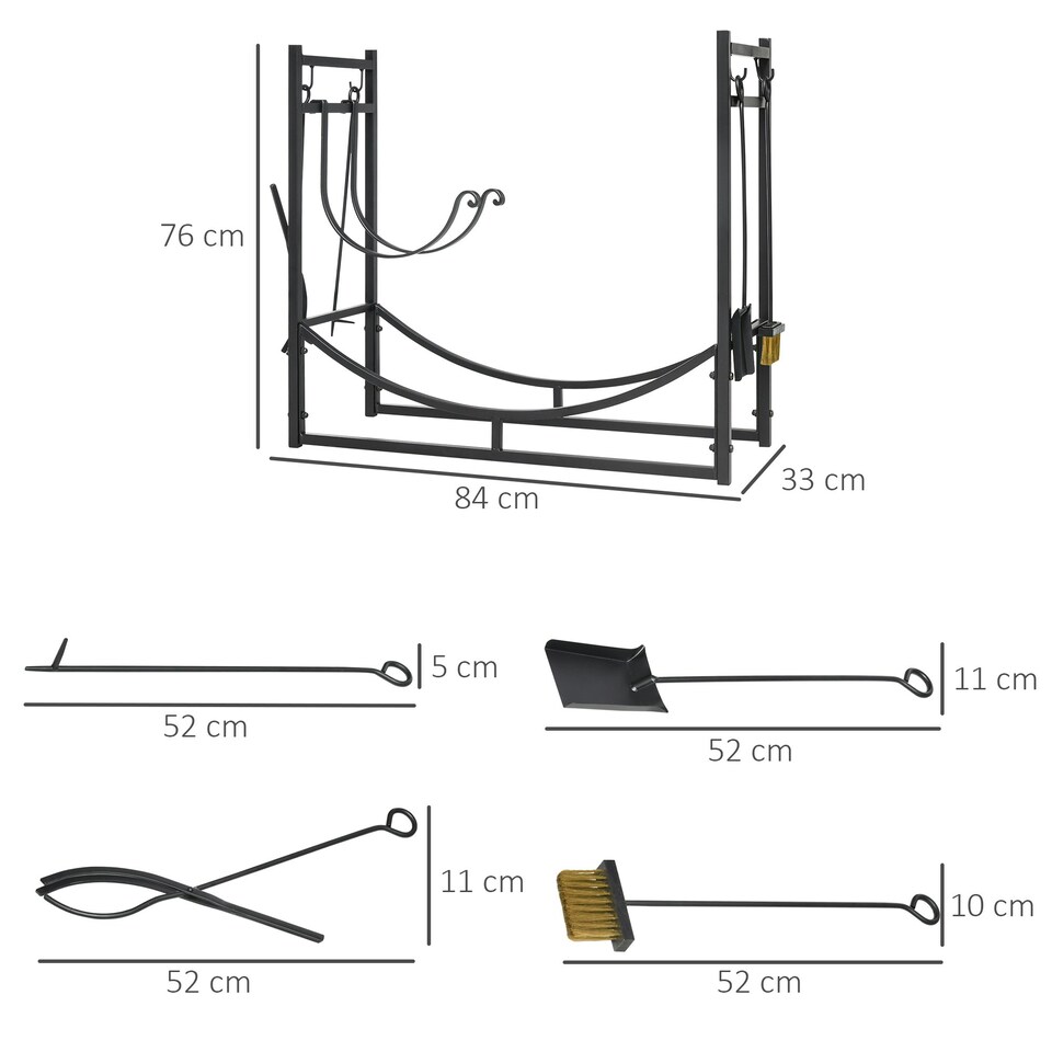 image 1 of Outsunny Firewood Stand Log Rack Holder 84cm with 4-PC Fireplace Tools Set Black