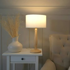 ValueLights Victoria Light Wood Traditional Stem Table Lamp with White Fabric Drum Shade and LED Bulb