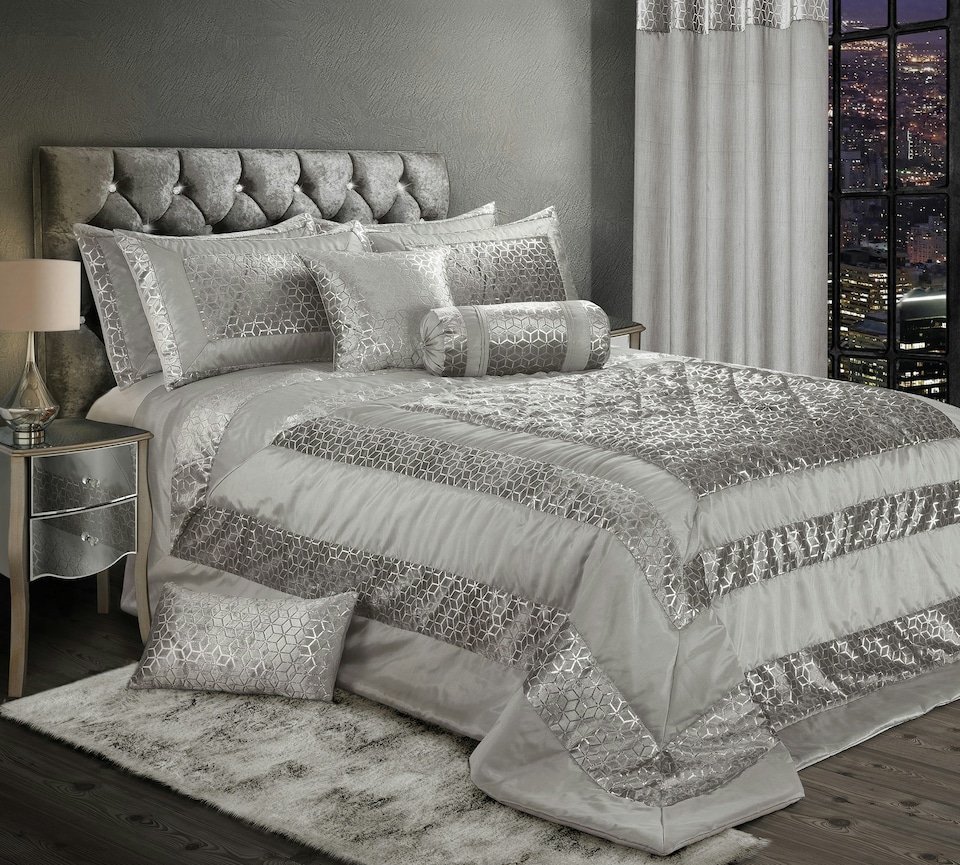 image 1 of Intimates Vera Foil Printed Quilted Bedspread | Blue | Duck Egg | Double