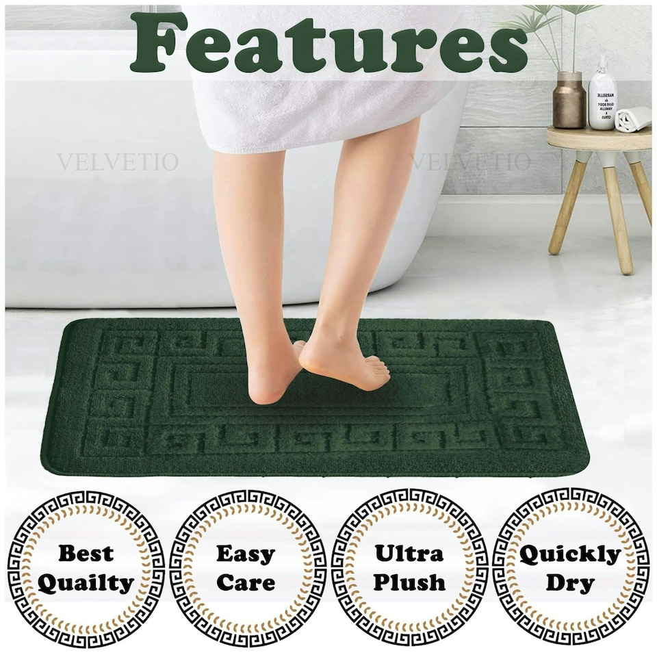 image 1 of VELVETIO Greek Bath Mat & Pedestal Mat Water Absorbent Non Slip Toilet Rugs Green | Dark Green