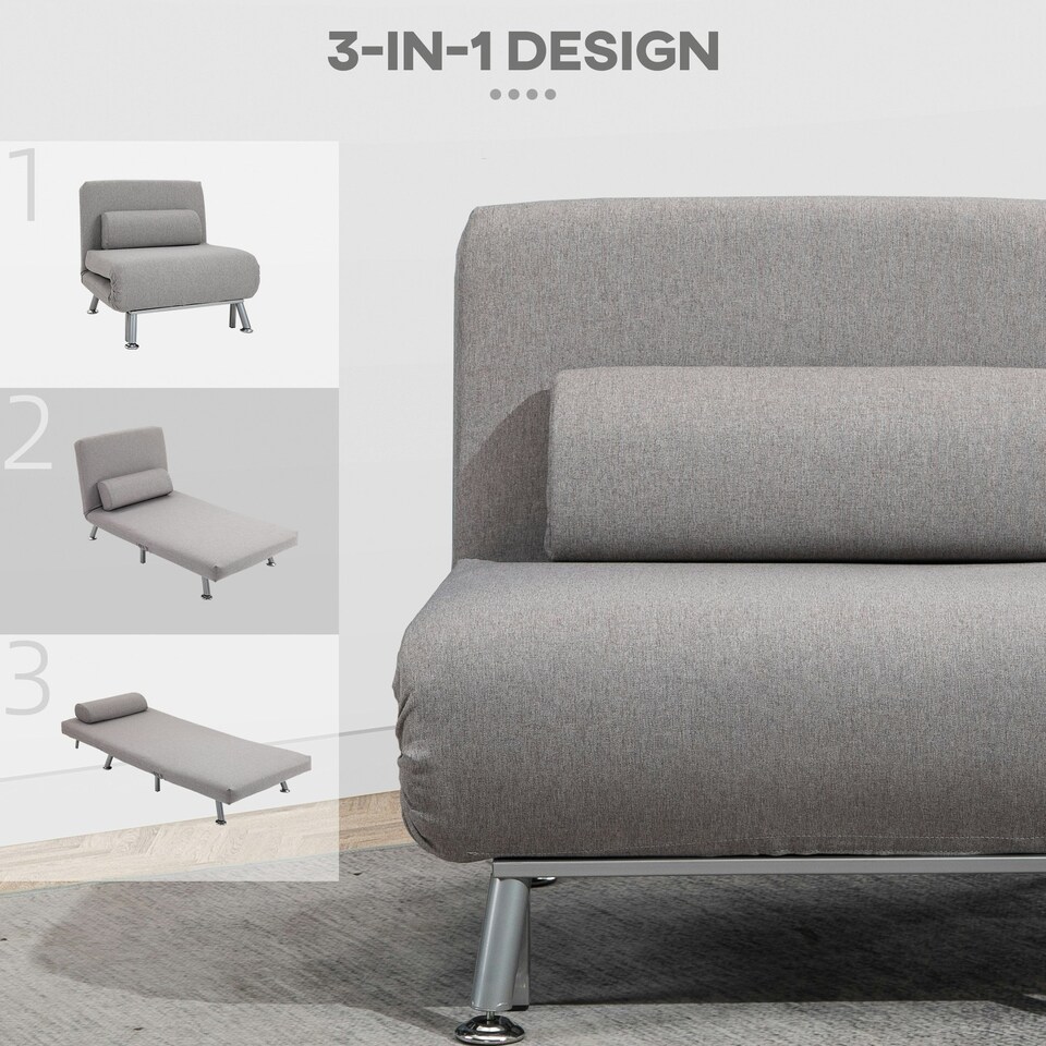 image 1 of HOMCOM Folding 5 Position Convertible Sleeper Chair Sofa Bed Grey Silver