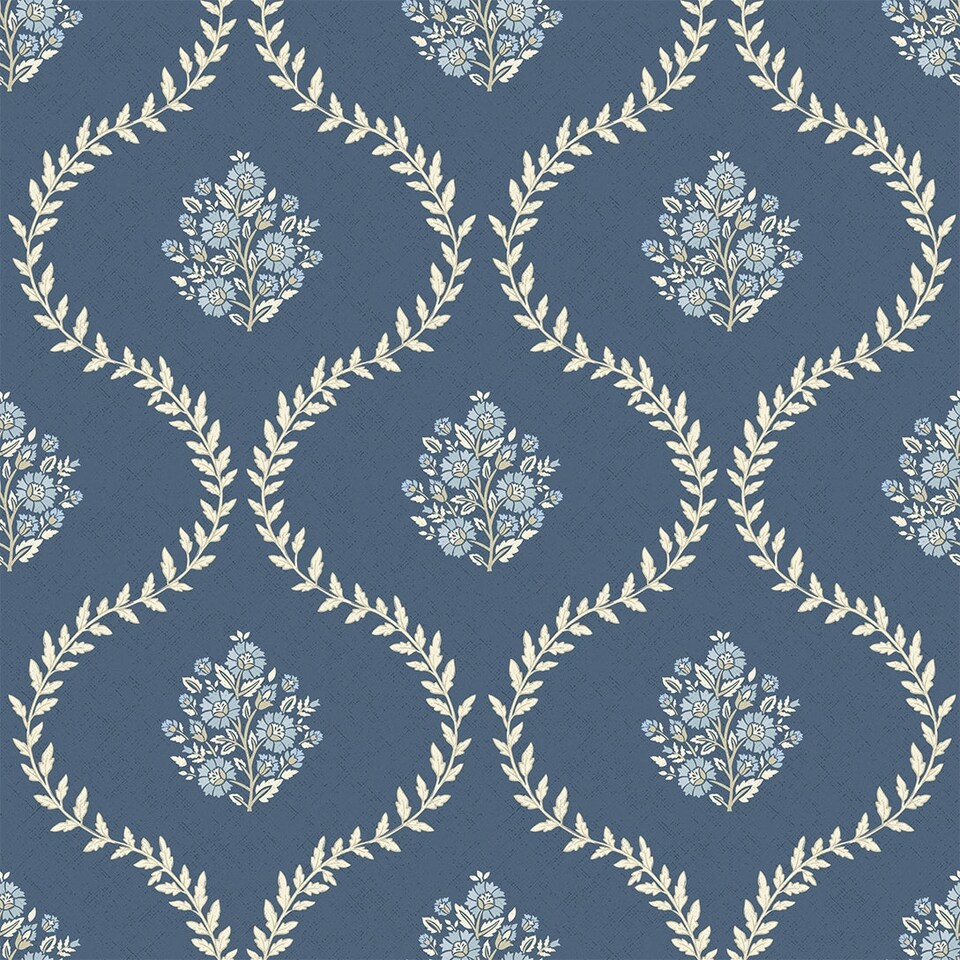 image 1 of Posy Trellis Wallpaper in Cream on Navy | Blue | Cream on Navy