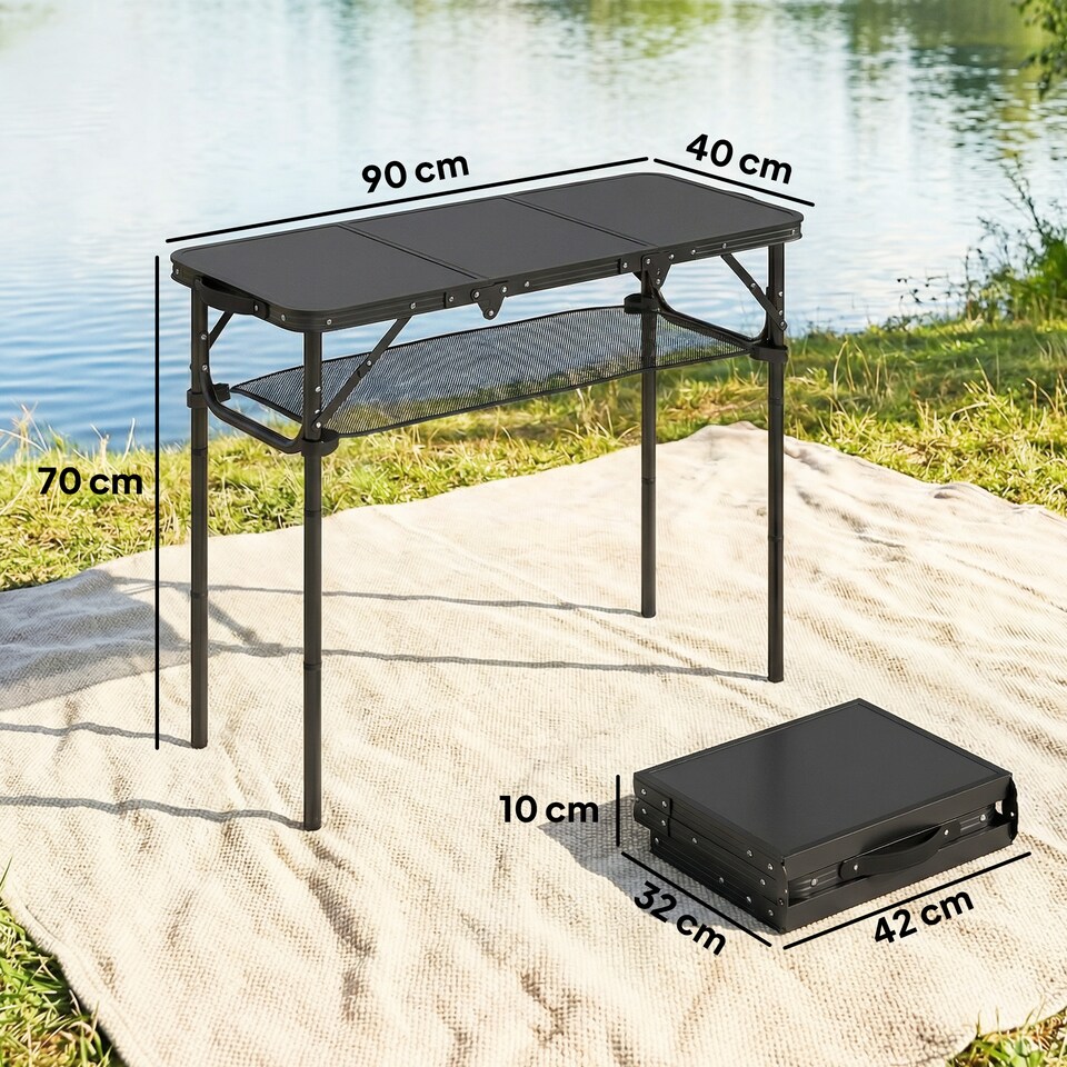image 1 of Outsunny 3ft Folding Camping Table, Picnic Table with Storage Layer | Black | Black | 90 x 40 x 70 cm