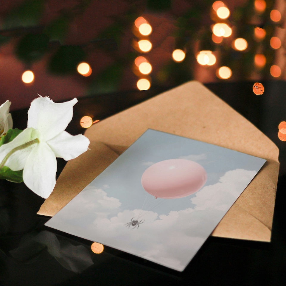 image 1 of Spider Travel Floating in Sky with a Pink Balloon Farewell Greeting Card