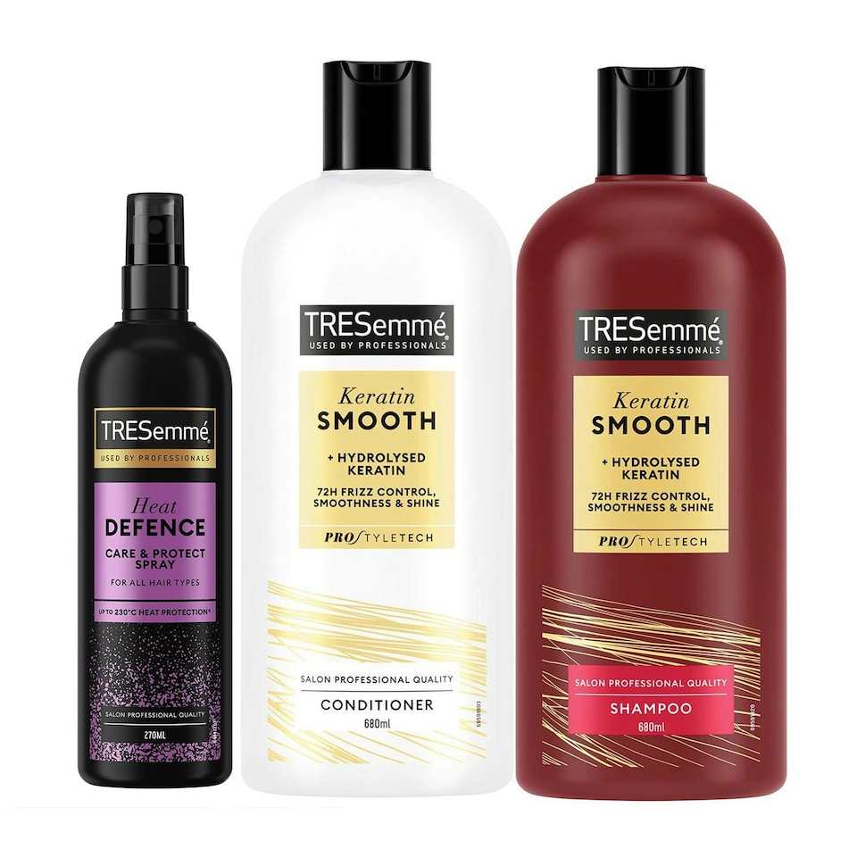 image 1 of Tresemme Keratin Smooth Shampoo & Conditioner with Hydrolyzed Keratin for 72H Frizz Control and Shine, 680ml + Aqua Spray Heat Defense, 270ml