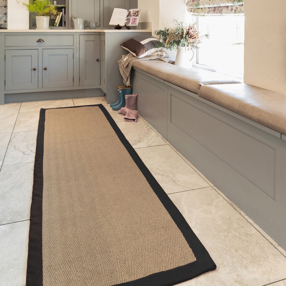 image 1 of KUKOON Natural Golden Beige Jute Micro Woven Herringbone Pattern Cotton Border Area Rug 120cm x 170cm