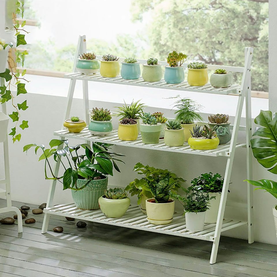 image 1 of Living and Home 3-Tier Foldable Wooden Ladder Shelf White