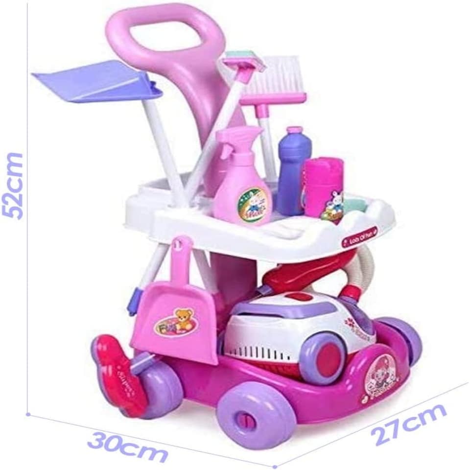 image 1 of Housekeeping Cleaning Trolley Playset with Working Vacuum & Accessories – Kids Role Play Cleaning Set