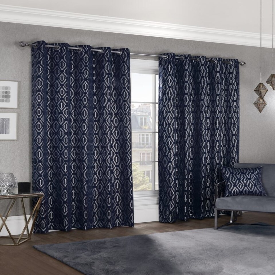 image 1 of Element Geometric Thermal Blackout Eyelet Curtains 116cm x 137cm Navy Blue | Blue