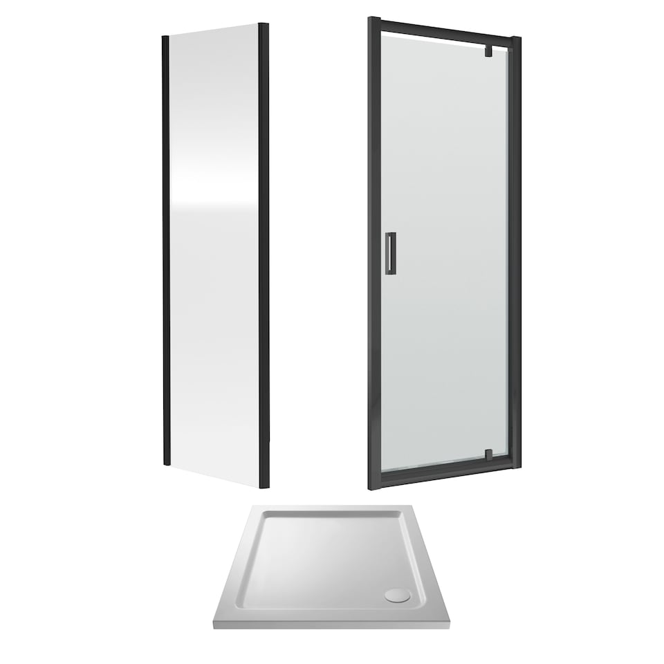 image 1 of Ruwa Pivot Suite & 6mm Glass 800x800mm Tray, Door & Side Panel Black | Black | Matt Black | 3