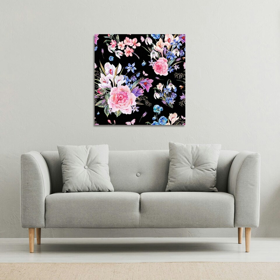 image 1 of Bright Pink Flowers on Black (Canvas Print) 77 x 77 x 4cm