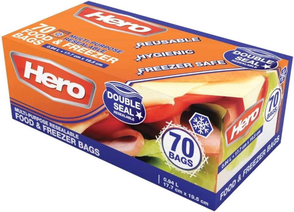 image 1 of Hero 70 Medium 1L Resealable Freezer Bags – Reusable Ziplock Food Storage Bags with Write-On Label – BPA Free Sandwich & Freezer Bags