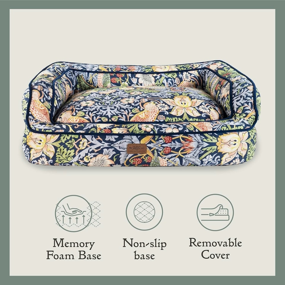 image 1 of Morris & Co Blue Strawberry Thief Dog Bed Sofa - Large Blue | L
