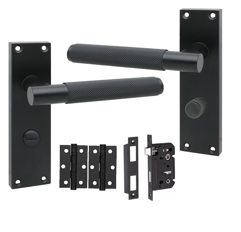 image 1 of Golden Grace Victorian T-Bar Knurled Bathroom Lock Door Handle Set Matt Black Finish with Spindle and Screws - 150mm