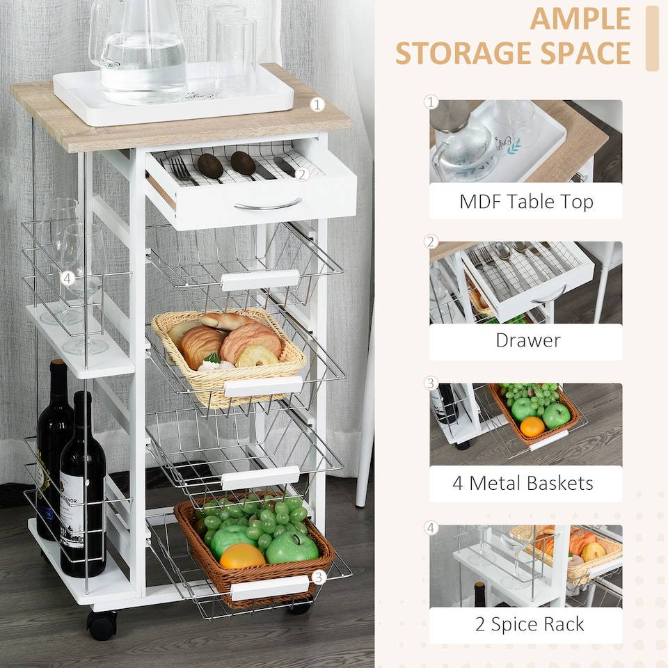 image 1 of HOMCOM Rolling Kitchen Cart, Utility Storage Cart with 4 Basket Drawers & Side Racks, Wheels for Dining Room, Natural and White