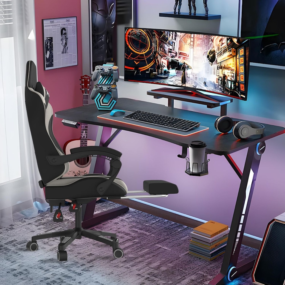 image 1 of Alivio Ergonomic Gaming Chair with Massage Lumbar Cushion & Retractable Footrest, PU Leather Video Game Chair (Grey)