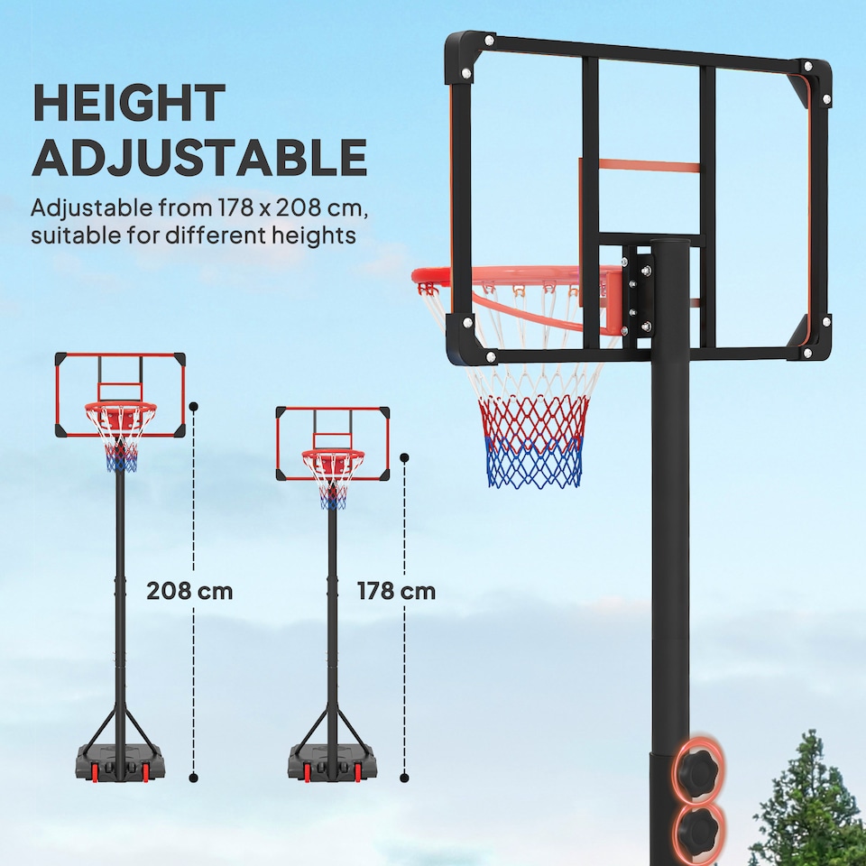 image 1 of SPORTNOW Adjustable Basketball Hoop and Stand with Wheels, 1.8-2.1m, Red
