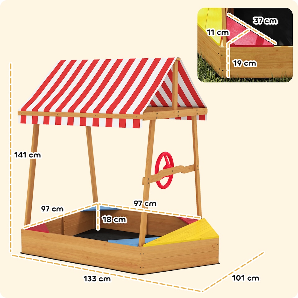 image 1 of AIYAPLAY Wooden Kids Sandpit with Canopy, Seats, Rudder & Bottom Liner