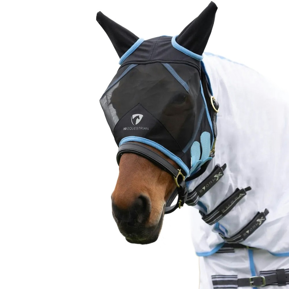 Hy Mesh Horse Half Fly Mask With Ears - Black/Light Blue - X Full