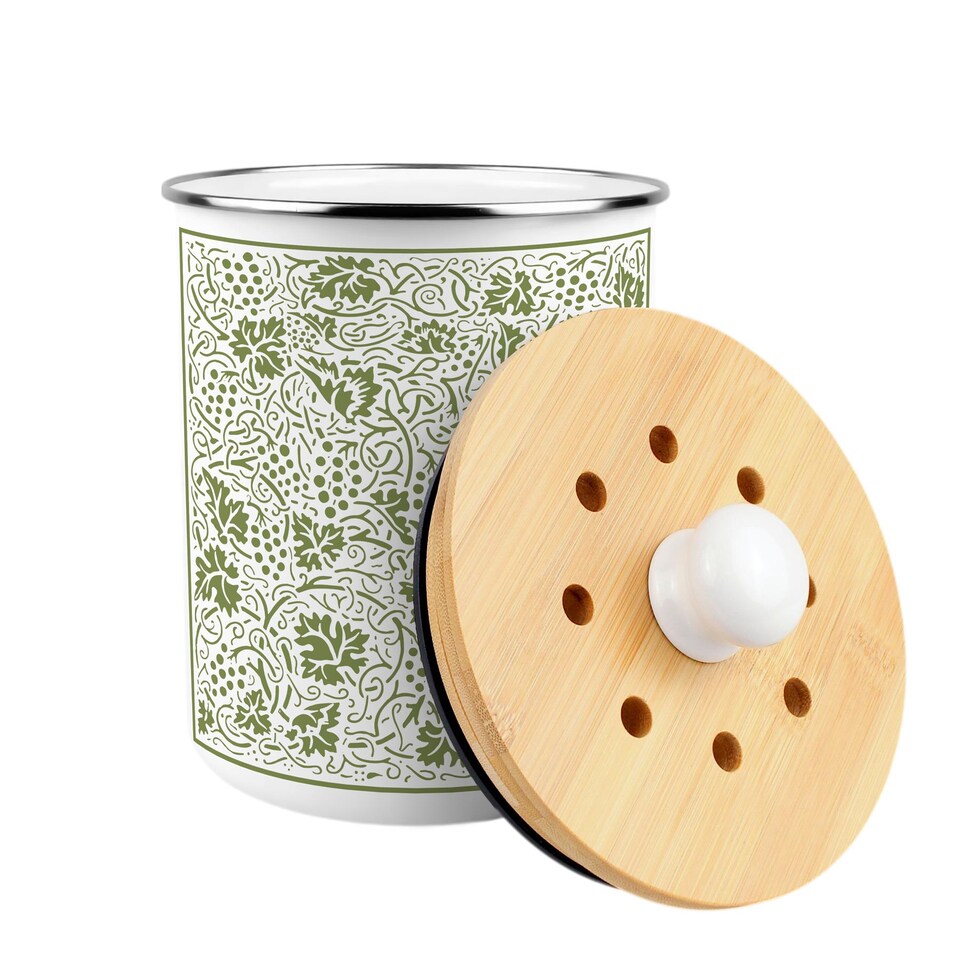 image 1 of Oak Leaves & Berries Food Waste Caddy - Metal 2L Green Decorative Kitchen Compost Bin