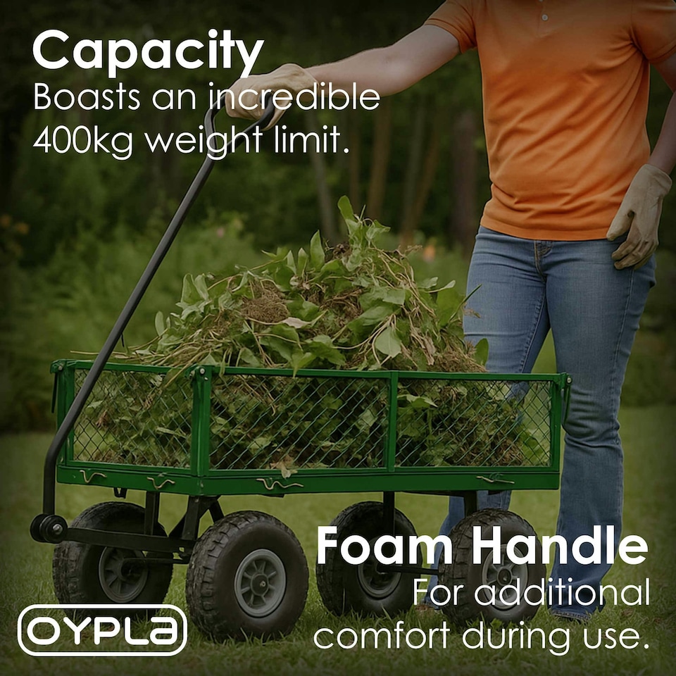 image 1 of Oypla Heavy Duty Metal Gardening Trolley - Green Trailer Cart