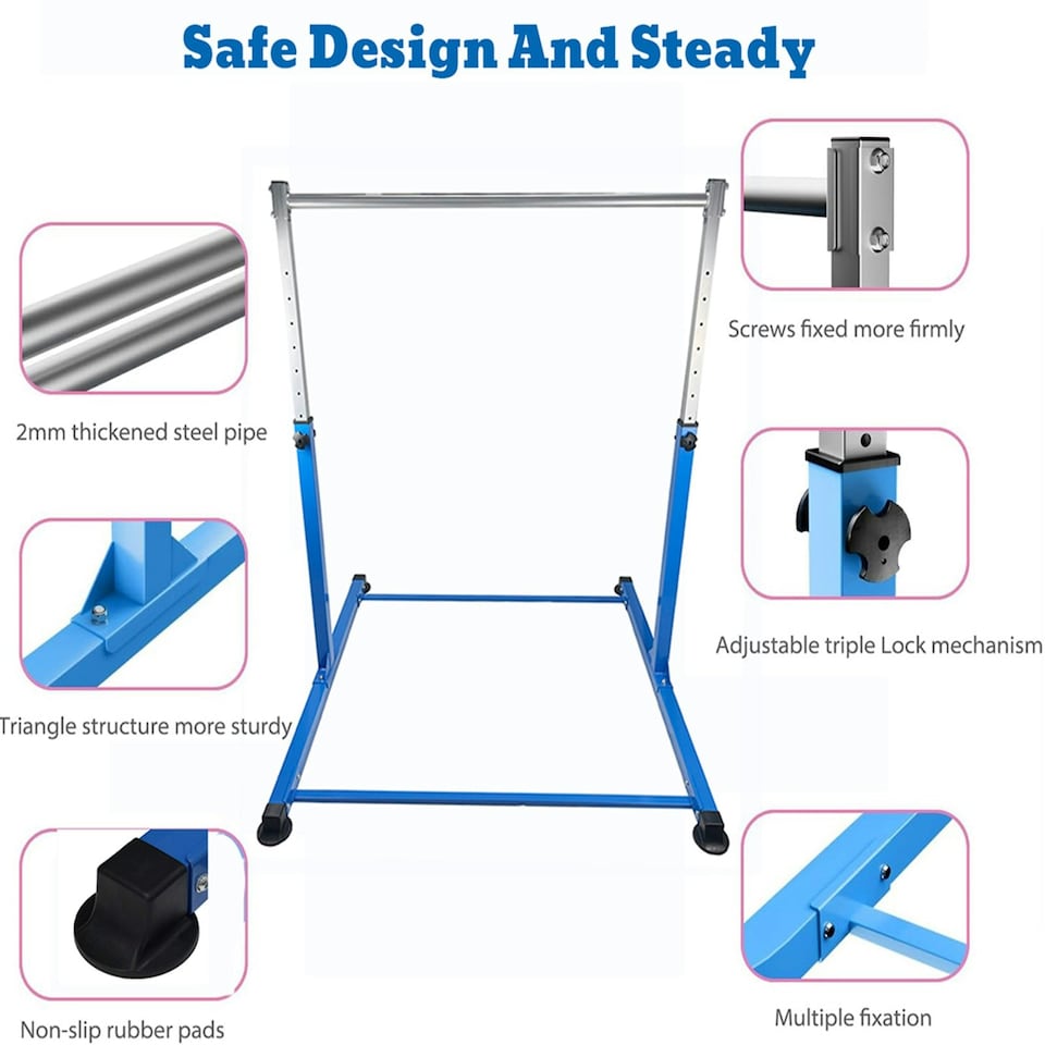 image 1 of Gymnastics Horizontal Kip Bar Home Gym Adjustable Height For Children Kids Blue