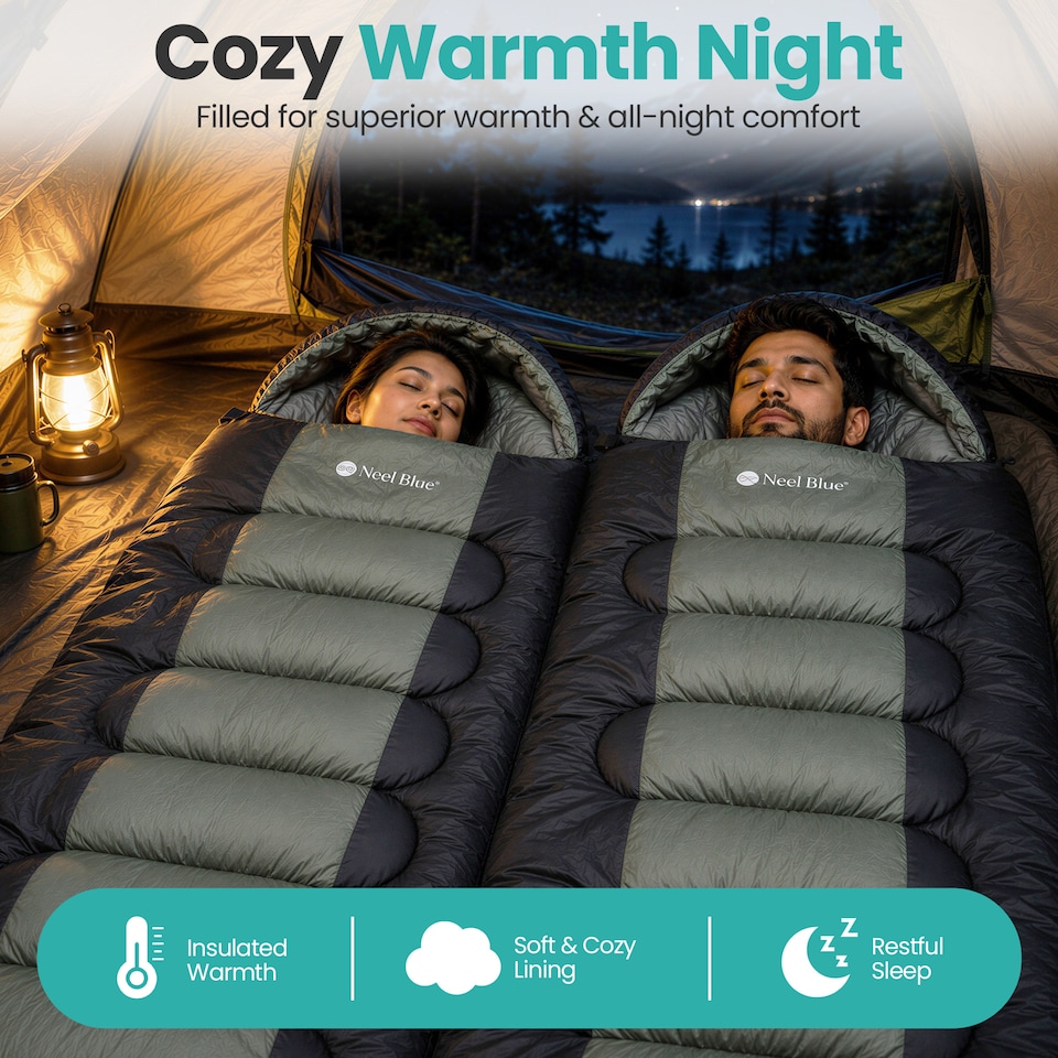 image 1 of 420GSM Hooded Sleeping Bag, Straight Design Waterproof Gear - Green & Black