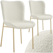 Dining Chair Tessa - ergonomic high backrest, slim steel legs, soft fabric - Set of 2 White | Boucle White/Gold