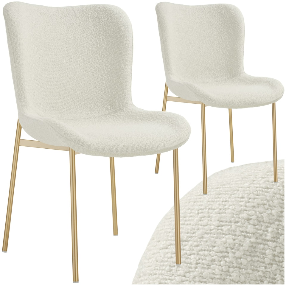 image 1 of Dining Chair Tessa - ergonomic high backrest, slim steel legs, soft fabric - Set of 2 White | Boucle White/Gold