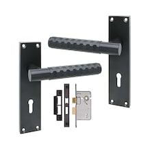 Golden Grace 1 Pair Victorian Knurled Hex Cut Lock Door Handle Matt Black 3 Lever Lock Set for Bedroom and Home Office - 150mm x 40mm