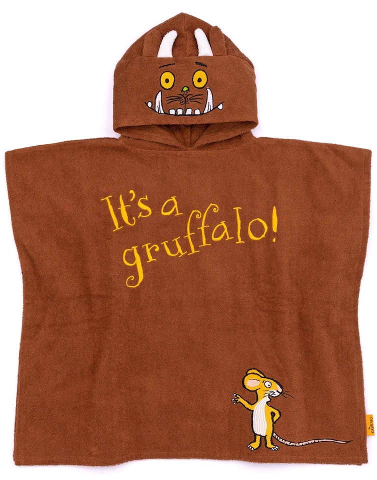 image 1 of The Gruffalo Kids Towel Poncho | Brown Bath Towel For Boys & Girls with 3D Ears | Woodlands Story Book Swimwear | Hooded Graphic Beach Cover Up | Cosy Swim Accessory Gift for Children