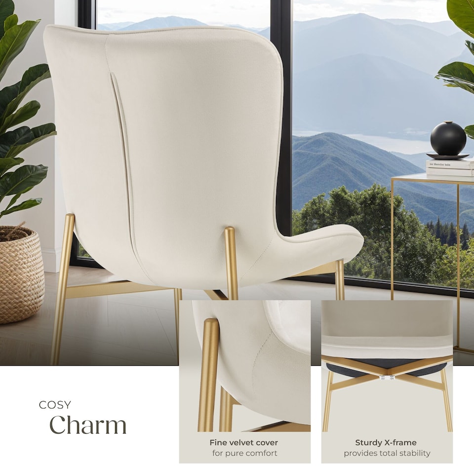 image 1 of Dining Chair Tessa - ergonomic high backrest, slim steel legs, soft fabric | Cream | Velvet look beige/gold | 1