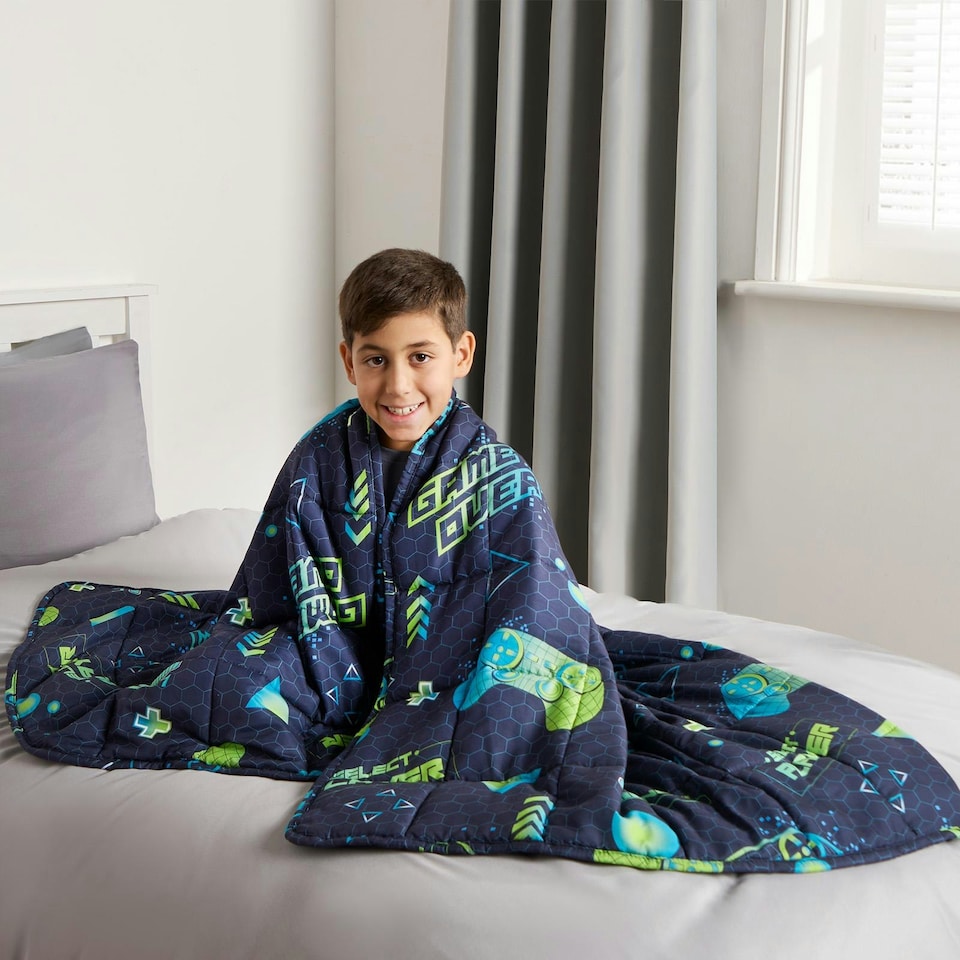 image 1 of OHS Kids Reversible Gaming Print Sensory Stress Relief Weighted Blanket 3kg, 100x150cm - Navy Blue