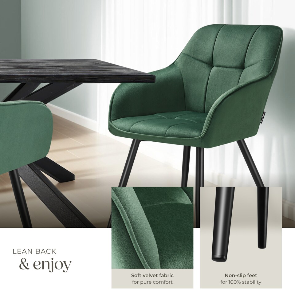 image 1 of Dining Chair Marilyn - velvet look, quilted pattern | Green | dark green / black | 6