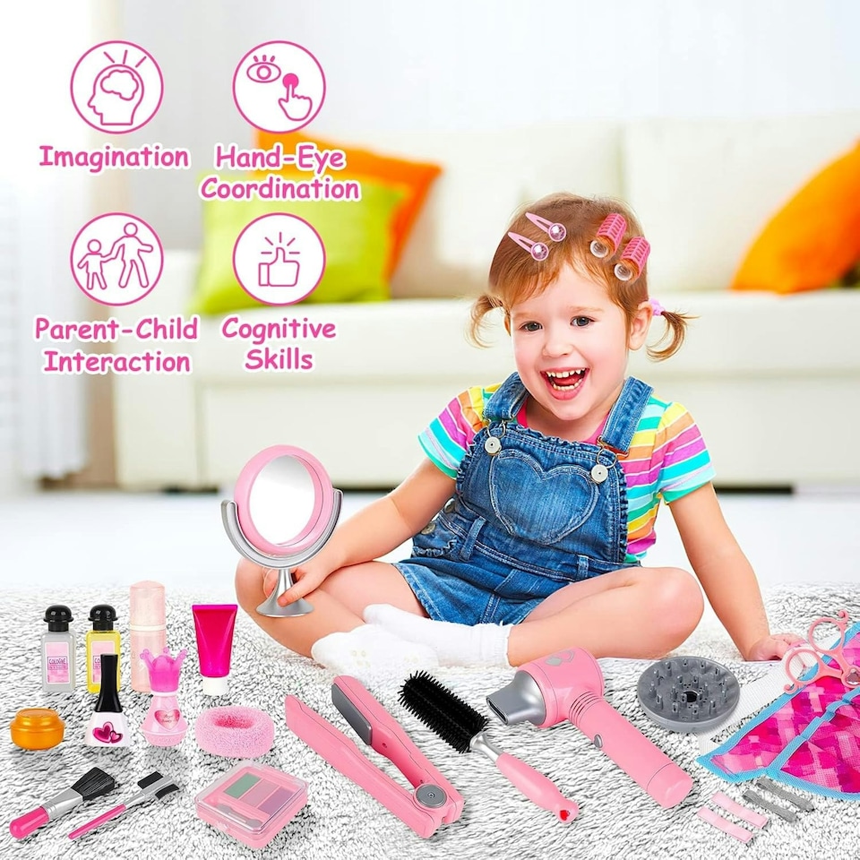 image 1 of Kids Hair Salon Play Set Pretend Hairdressing Makeup Kit with Lights Sounds Unicorn Apron Carry Bag