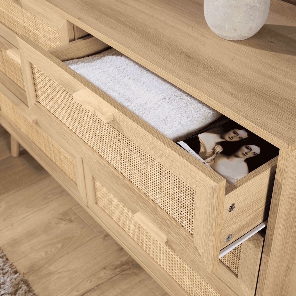image 1 of Chest 6 Drawers with Rattan Fronts Solid Wooden Legs
