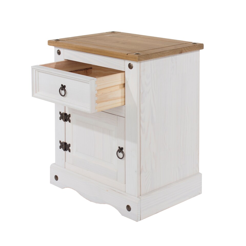 image 1 of Corona Premium Bedside Cabinet - Mexican Pine Design with Dovetail Drawer and Metal Hardware | White | White Wax | One Size | 1