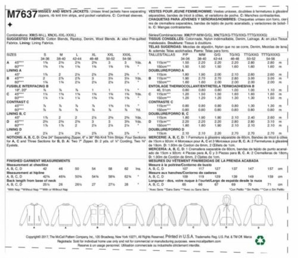 image 1 of McCall's 7637 Paper Sewing Pattern – Men’s & Women’s Jackets & Hoodies, Sizes Xn (XL–XXL–XXXL), Intermediate