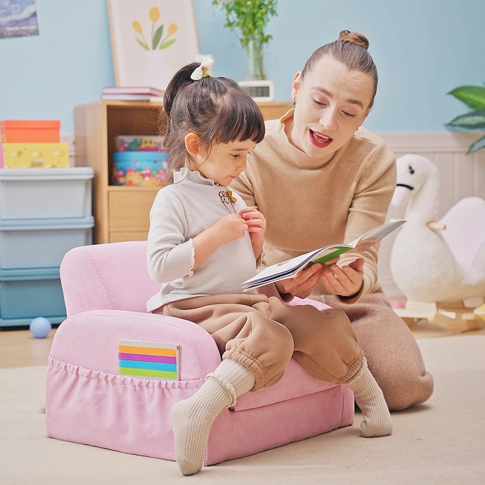 image 1 of HOMCOM 2 In 1 Kids Armchair Sofa Bed Fold Out Padded Wood Frame Bedroom Pink 