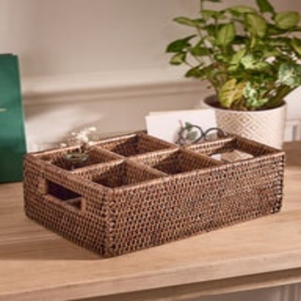 image 1 of Natural Rattan Six Compartment Storage Caddy Brown