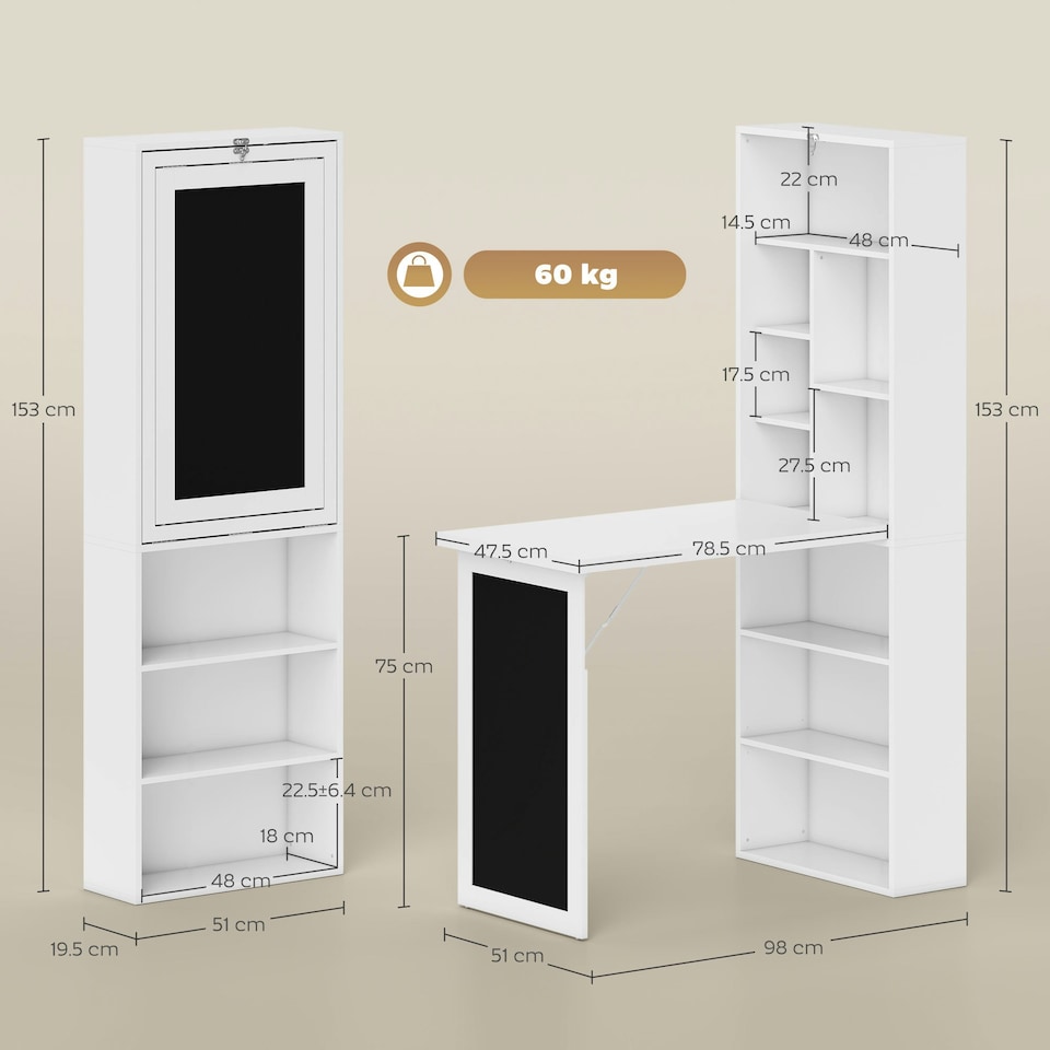 image 1 of HOMCOM Folding Convertible Desk with Blackboard and Bookshelf, White